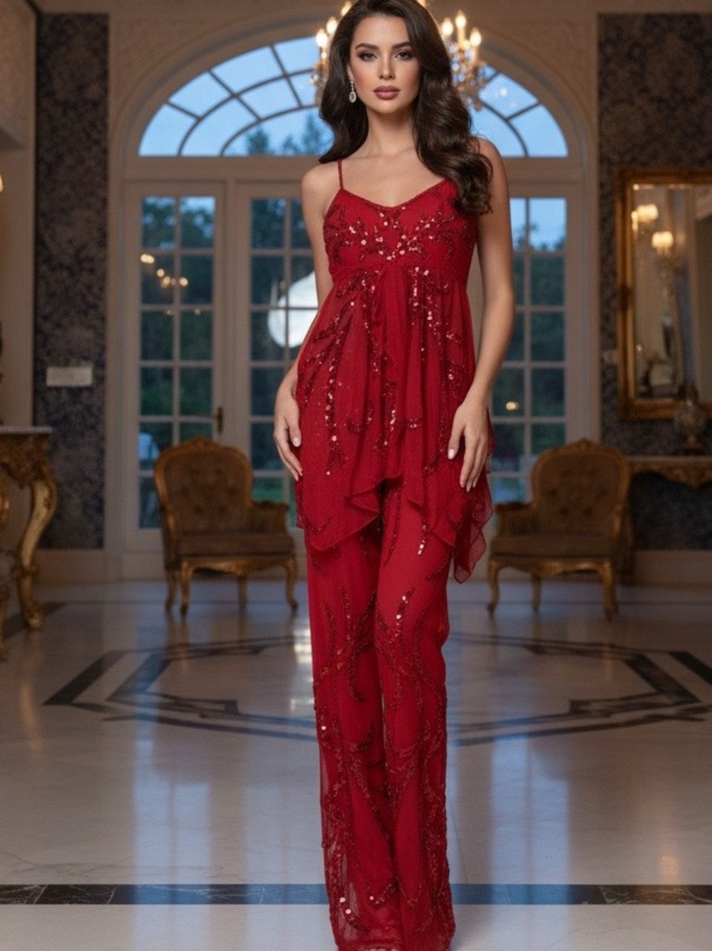 Embellished Red hand Beaded top and Pant set. stretch fabric NWT. Size small